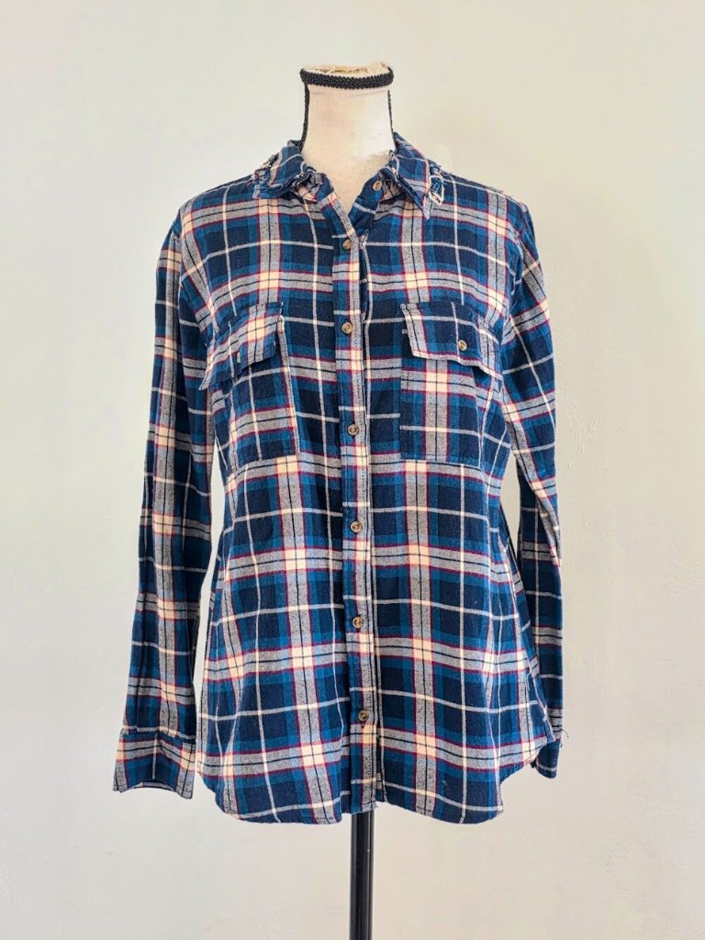Fitz & Eddi Distressed Women's Plaid Flannel Shirt Navy Maroon Size Small